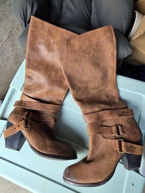 Fergie Cognac Brown Leather Mid-Calf Buckle Heeled Boots